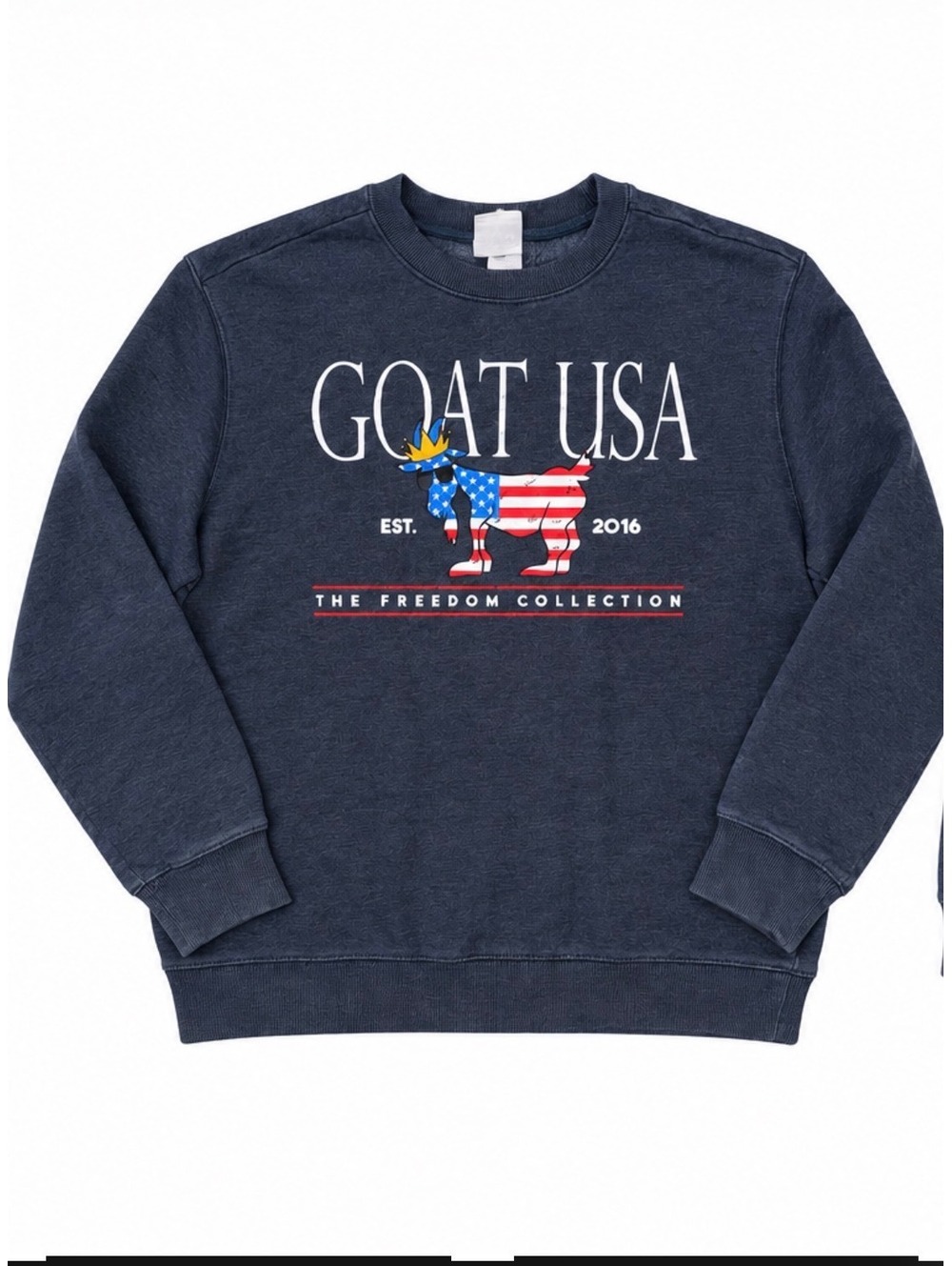 GOAT USA Freedom Men’s Navy Crewneck Sweatshirt American Flag Goat Size Small